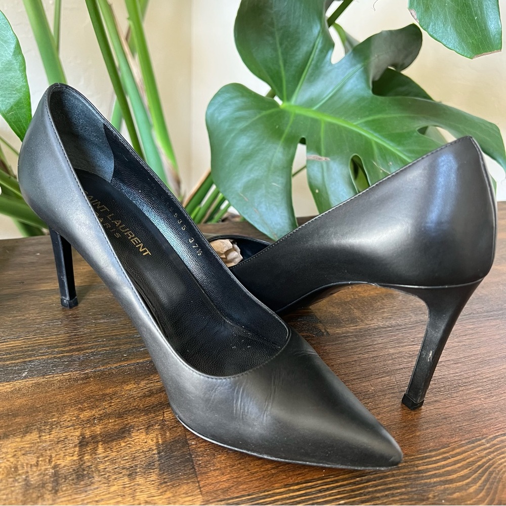 Saint Laurent Black Leather Pointed Toe Heels 37.5 $875 - Picture 3 of 17